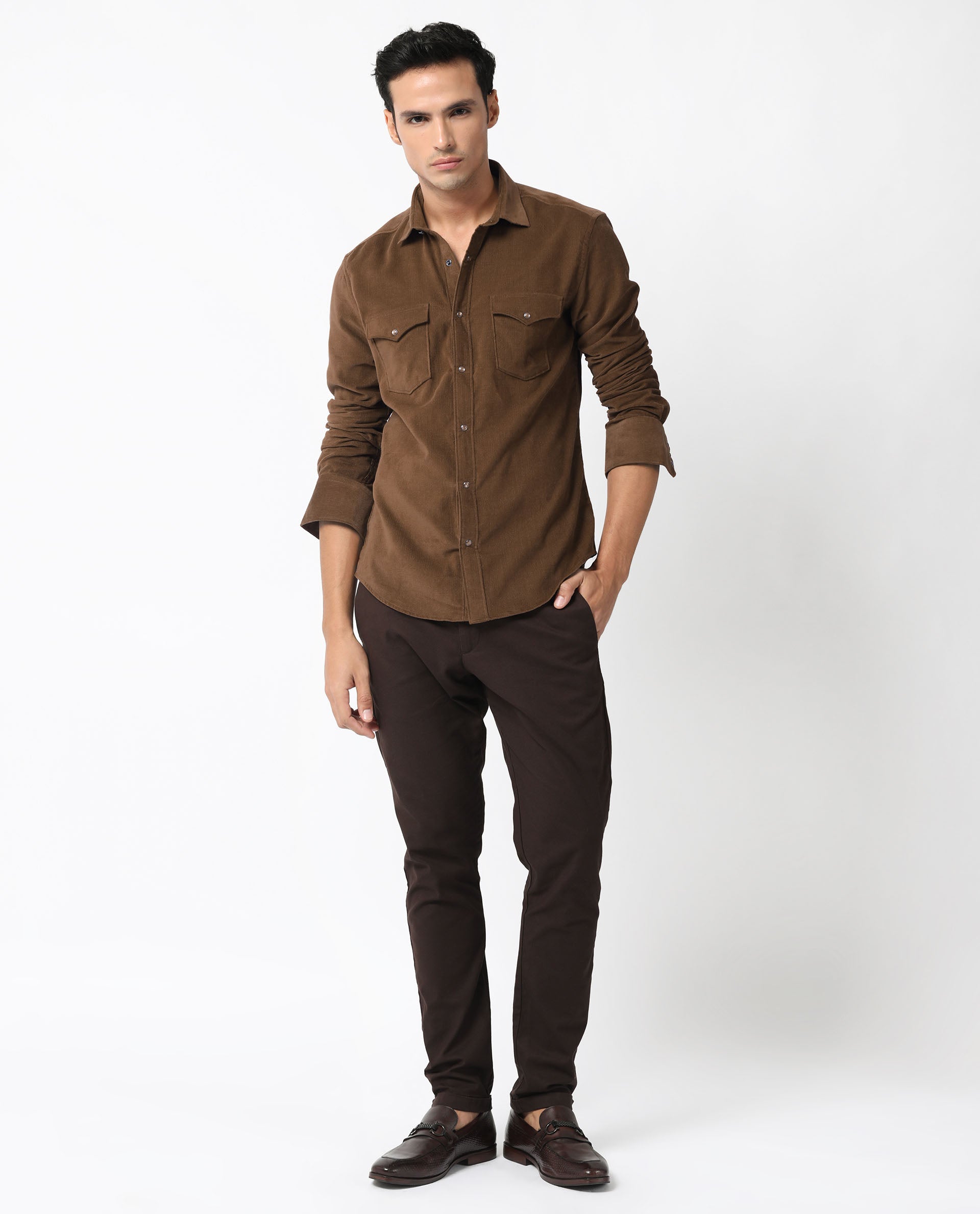 Rare Rabbit Men's Cordini Brown Cotton Fabric Full Sleeves Solid Shirt