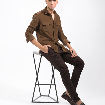Rare Rabbit Men's Cordini Brown Cotton Fabric Full Sleeves Solid Shirt