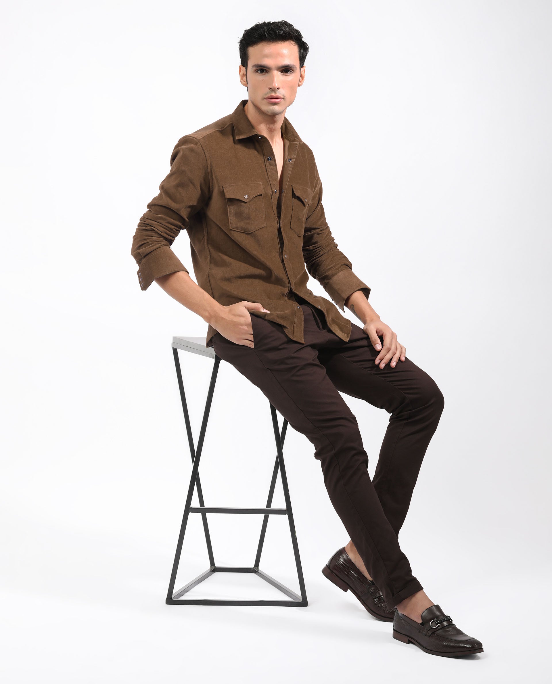 Rare Rabbit Men's Cordini Brown Cotton Fabric Full Sleeves Solid Shirt