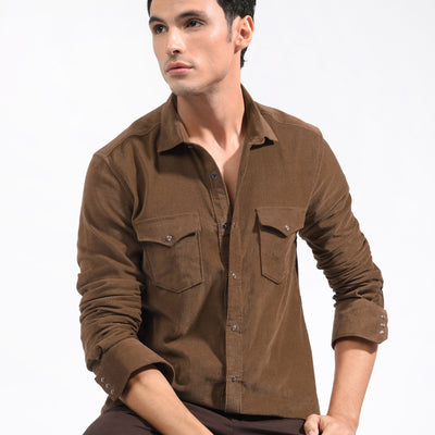 Rare Rabbit Men's Cordini Brown Cotton Fabric Full Sleeves Solid Shirt