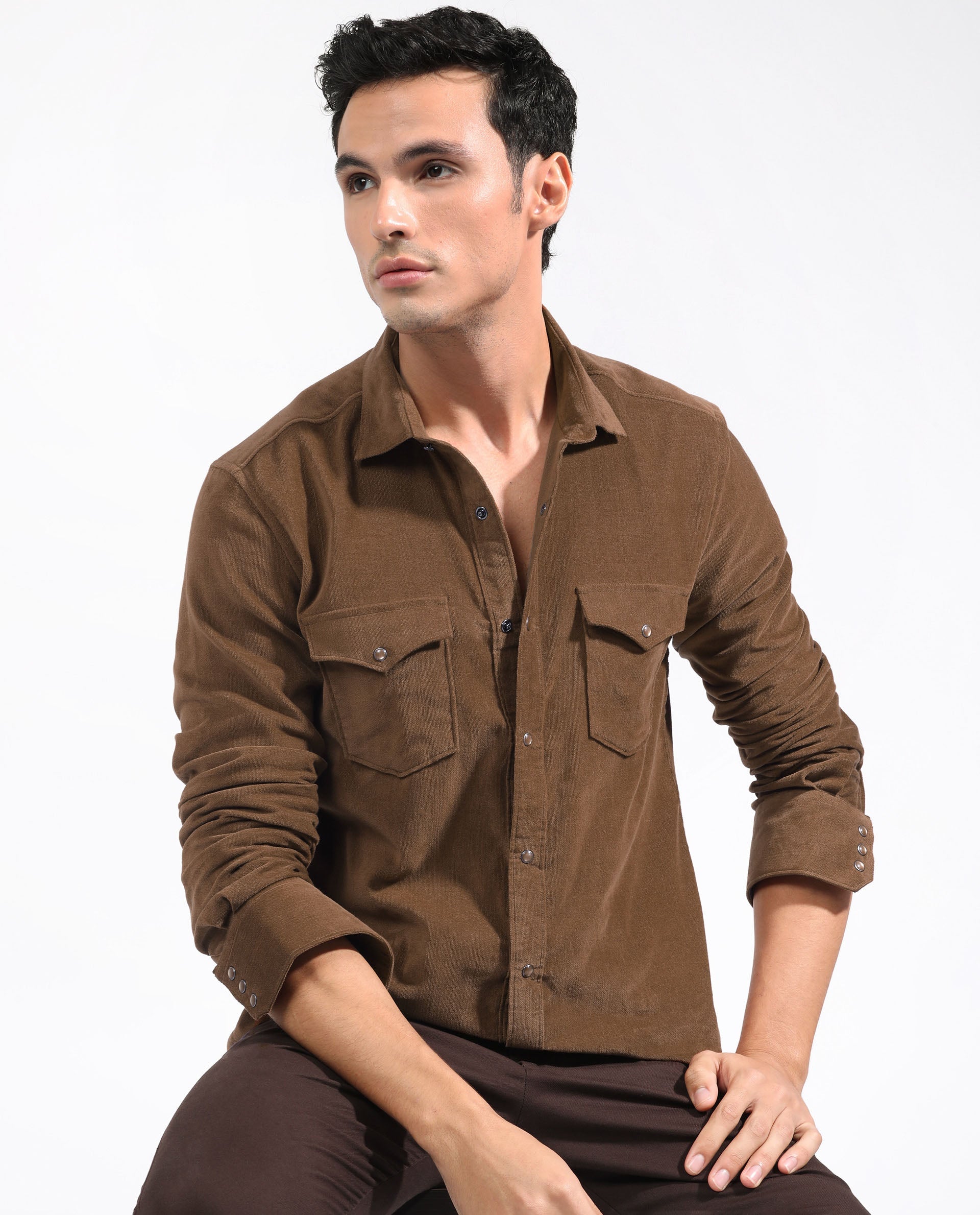 Rare Rabbit Men's Cordini Brown Cotton Fabric Full Sleeves Solid Shirt