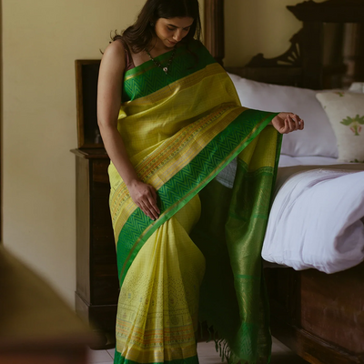Yellow Handloom Chirala Silk Cotton Saree With Green Border-Yellow
