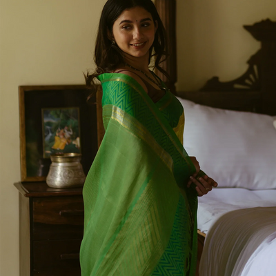 Yellow Handloom Chirala Silk Cotton Saree With Green Border-Yellow