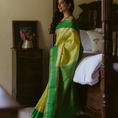 Yellow Handloom Chirala Silk Cotton Saree With Green Border-Yellow