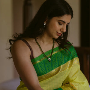 Yellow Handloom Chirala Silk Cotton Saree With Green Border-Yellow