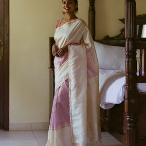 Dusty Pink Handloom Chirala Silk Cotton Saree With Beige Border-Dusty Pink