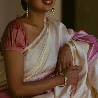 Dusty Pink Handloom Chirala Silk Cotton Saree With Beige Border-Dusty Pink