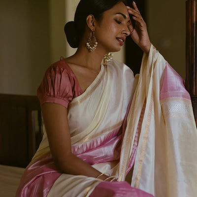 Dusty Pink Handloom Chirala Silk Cotton Saree With Beige Border-Dusty Pink