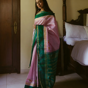 Baby Pink Handloom Chirala Silk Cotton Saree With Teal Border-Baby Pink
