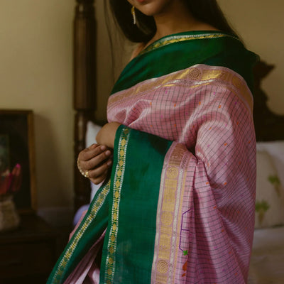 Baby Pink Handloom Chirala Silk Cotton Saree With Teal Border-Baby Pink