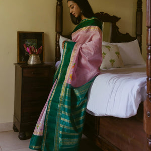 Baby Pink Handloom Chirala Silk Cotton Saree With Teal Border-Baby Pink