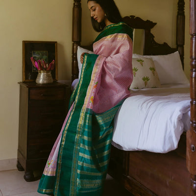 Baby Pink Handloom Chirala Silk Cotton Saree With Teal Border-Baby Pink