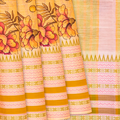 Orange Chirala Saree With Printed Floral Motifs-Orange