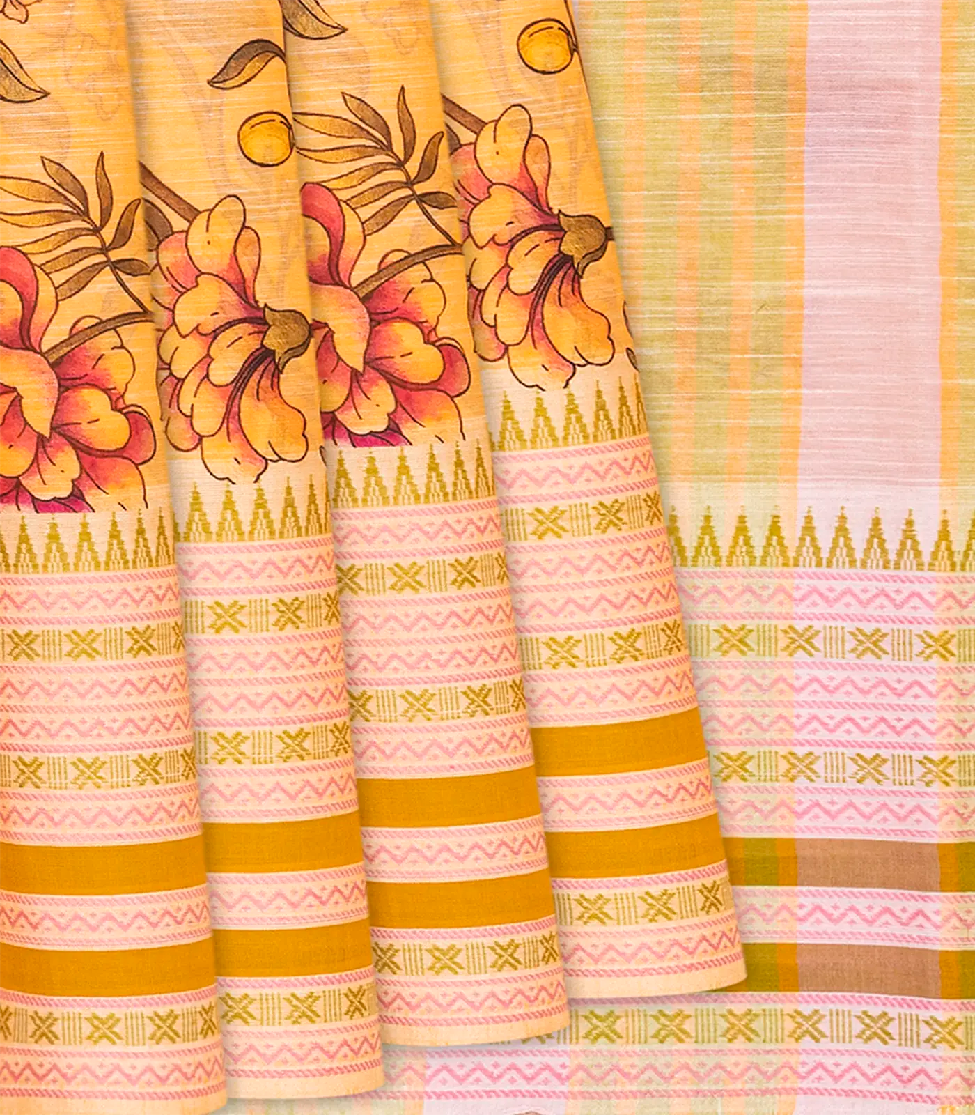 Orange Chirala Saree With Printed Floral Motifs-Orange