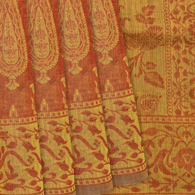 Rust Handloom Chirala Saree With Floral Motifs-Rust