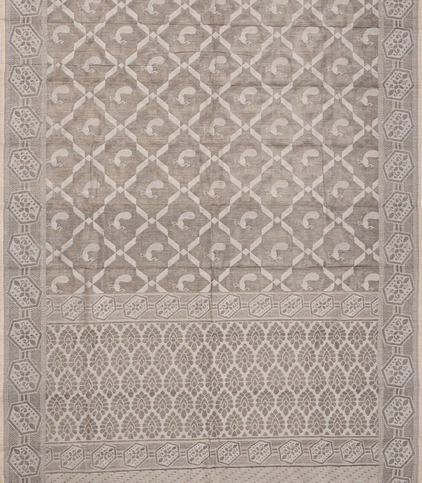 Grey Handloom Chirala Saree With Peacock Motifs-Grey