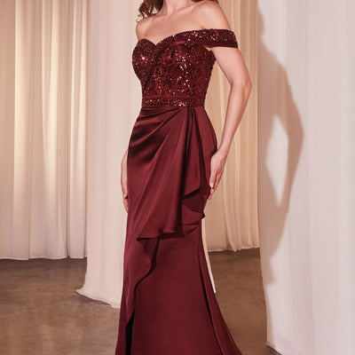 Beaded Satin Fitted Off Shoulder Gown by Ladivine CR877