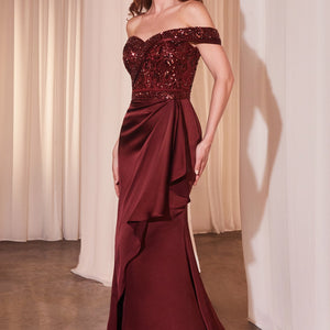 Beaded Satin Fitted Off Shoulder Gown by Ladivine CR877