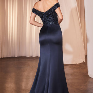 Beaded Satin Fitted Off Shoulder Gown by Ladivine CR877