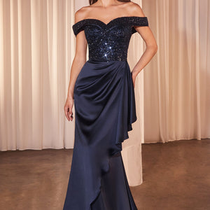 Beaded Satin Fitted Off Shoulder Gown by Ladivine CR877