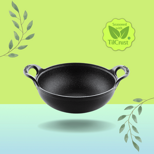 Trilonium Triple Seasoned Cast Iron CrockWok Kadhai | Gas & Induction Compatible | Black
