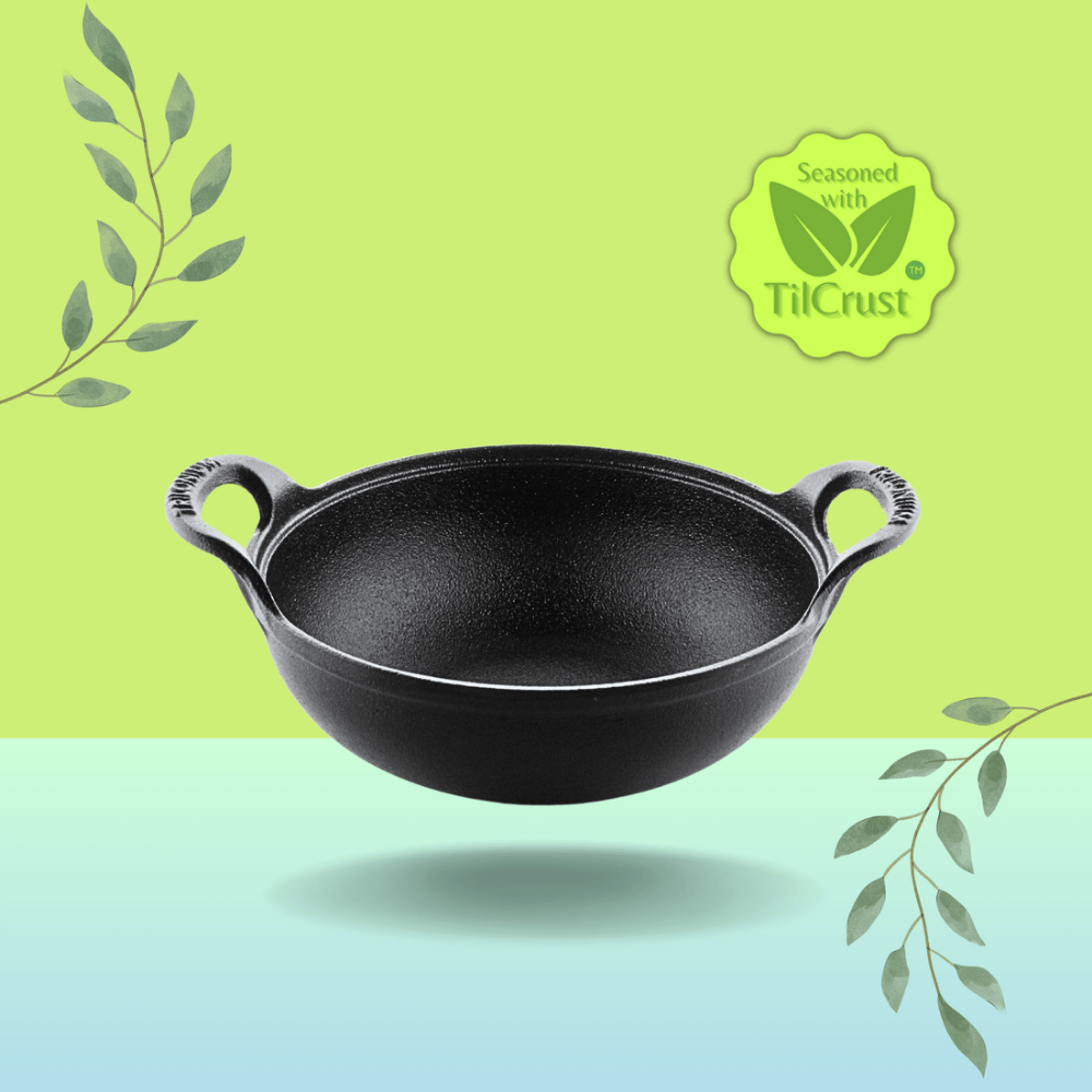 Trilonium Triple Seasoned Cast Iron CrockWok Kadhai | Gas & Induction Compatible | Black
