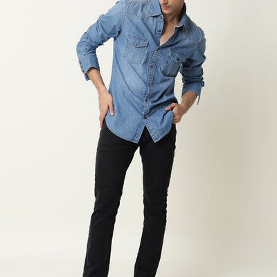 Rare Rabbit Men's Taison Light Blue Full Sleeves Denim Shirt