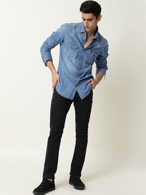 Rare Rabbit Men's Taison Light Blue Full Sleeves Denim Shirt