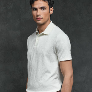 Rare Rabbit Men's Criuse Off-White Polyester Fabric Collared Neck Half Sleeve Floral Jacquard Polo T-Shirt