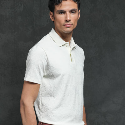 Rare Rabbit Men's Criuse Off-White Polyester Fabric Collared Neck Half Sleeve Floral Jacquard Polo T-Shirt