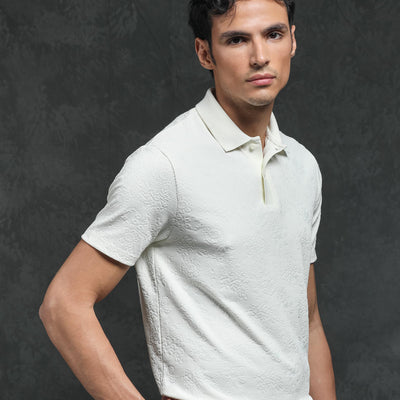 Rare Rabbit Men's Criuse Off-White Polyester Fabric Collared Neck Half Sleeve Floral Jacquard Polo T-Shirt