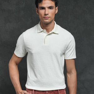 Rare Rabbit Men's Criuse Off-White Polyester Fabric Collared Neck Half Sleeve Floral Jacquard Polo T-Shirt