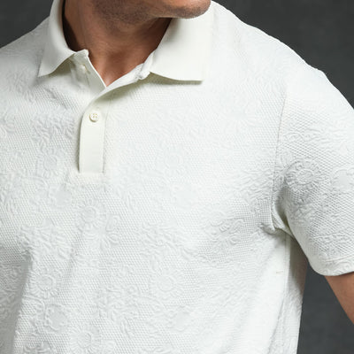 Rare Rabbit Men's Criuse Off-White Polyester Fabric Collared Neck Half Sleeve Floral Jacquard Polo T-Shirt
