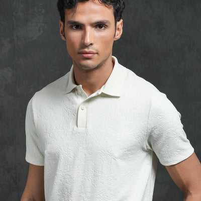 Rare Rabbit Men's Criuse Off-White Polyester Fabric Collared Neck Half Sleeve Floral Jacquard Polo T-Shirt
