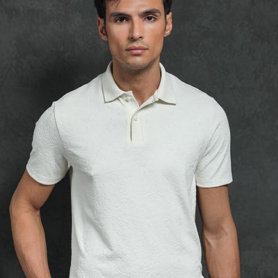 Rare Rabbit Men's Criuse Off-White Polyester Fabric Collared Neck Half Sleeve Floral Jacquard Polo T-Shirt