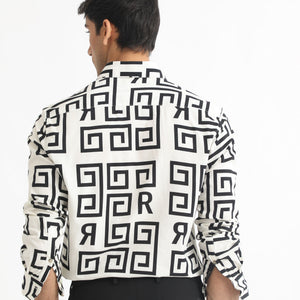Rare Rabbit Men's Cruz Off White Cotton Viscose Fabric Full Sleeves Regular Fit Monogram Print Shirt
