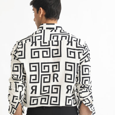 Rare Rabbit Men's Cruz Off White Cotton Viscose Fabric Full Sleeves Regular Fit Monogram Print Shirt