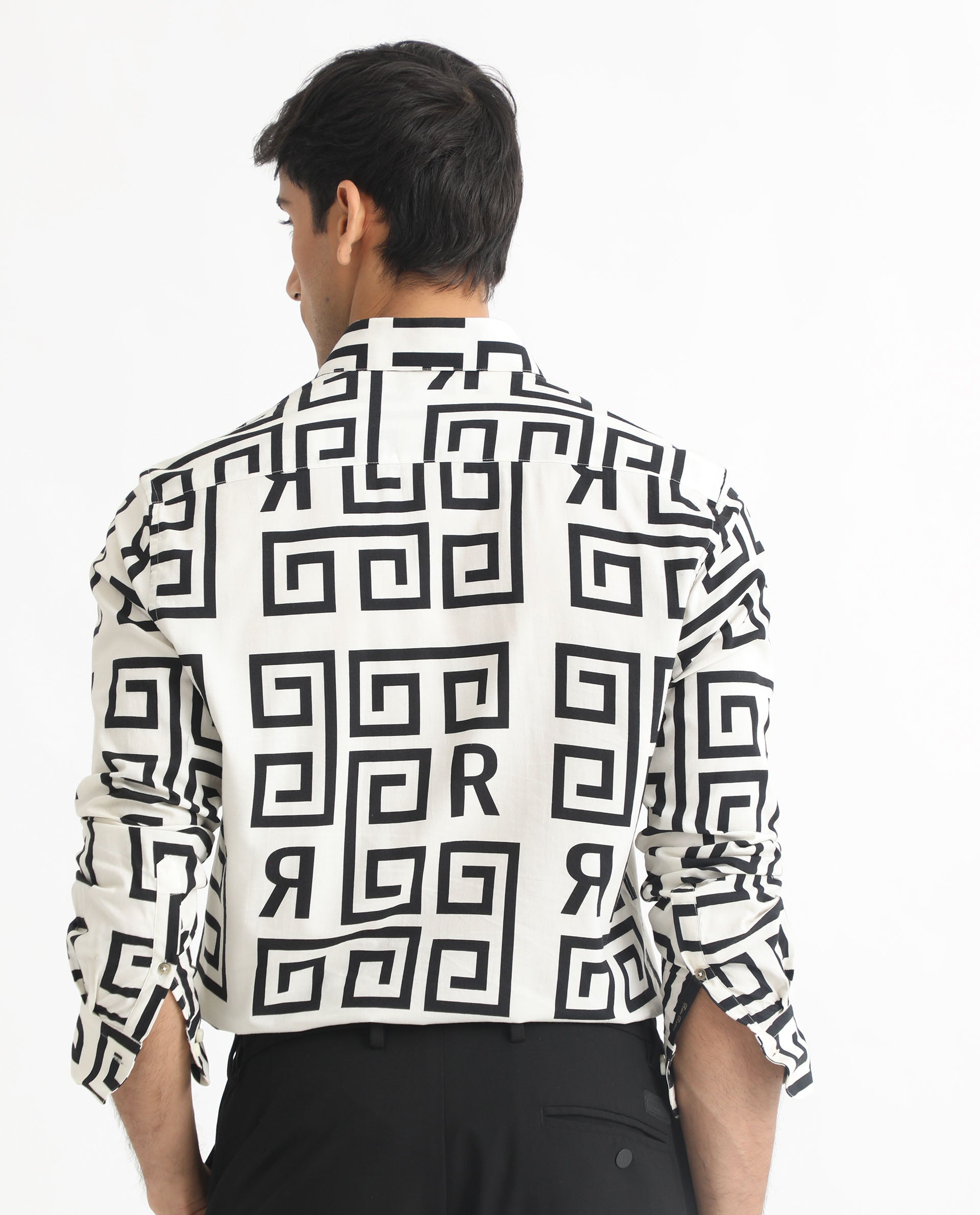 Rare Rabbit Men's Cruz Off White Cotton Viscose Fabric Full Sleeves Regular Fit Monogram Print Shirt