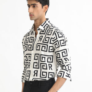 Rare Rabbit Men's Cruz Off White Cotton Viscose Fabric Full Sleeves Regular Fit Monogram Print Shirt