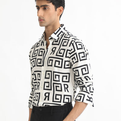 Rare Rabbit Men's Cruz Off White Cotton Viscose Fabric Full Sleeves Regular Fit Monogram Print Shirt