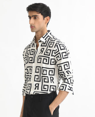 Rare Rabbit Men's Cruz Off White Cotton Viscose Fabric Full Sleeves Regular Fit Monogram Print Shirt
