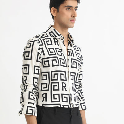 Rare Rabbit Men's Cruz Off White Cotton Viscose Fabric Full Sleeves Regular Fit Monogram Print Shirt