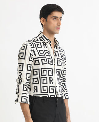 Rare Rabbit Men's Cruz Off White Cotton Viscose Fabric Full Sleeves Regular Fit Monogram Print Shirt