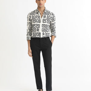 Rare Rabbit Men's Cruz Off White Cotton Viscose Fabric Full Sleeves Regular Fit Monogram Print Shirt