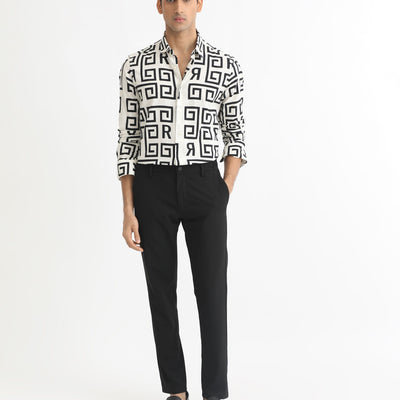 Rare Rabbit Men's Cruz Off White Cotton Viscose Fabric Full Sleeves Regular Fit Monogram Print Shirt