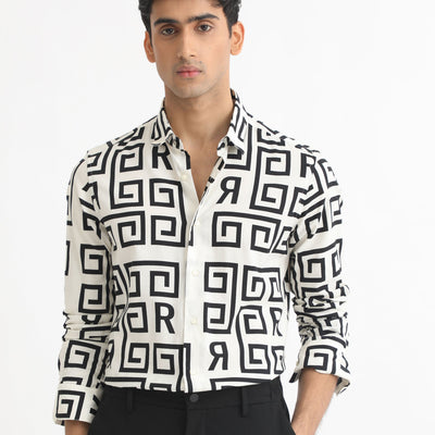 Rare Rabbit Men's Cruz Off White Cotton Viscose Fabric Full Sleeves Regular Fit Monogram Print Shirt