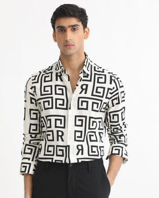 Rare Rabbit Men's Cruz Off White Cotton Viscose Fabric Full Sleeves Regular Fit Monogram Print Shirt