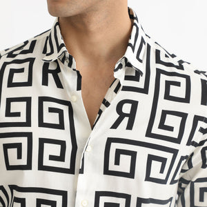 Rare Rabbit Men's Cruz Off White Cotton Viscose Fabric Full Sleeves Regular Fit Monogram Print Shirt