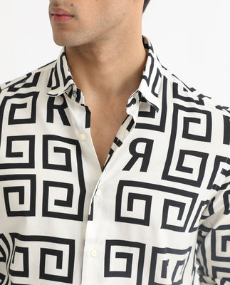 Rare Rabbit Men's Cruz Off White Cotton Viscose Fabric Full Sleeves Regular Fit Monogram Print Shirt