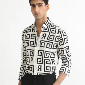 Rare Rabbit Men's Cruz Off White Cotton Viscose Fabric Full Sleeves Regular Fit Monogram Print Shirt